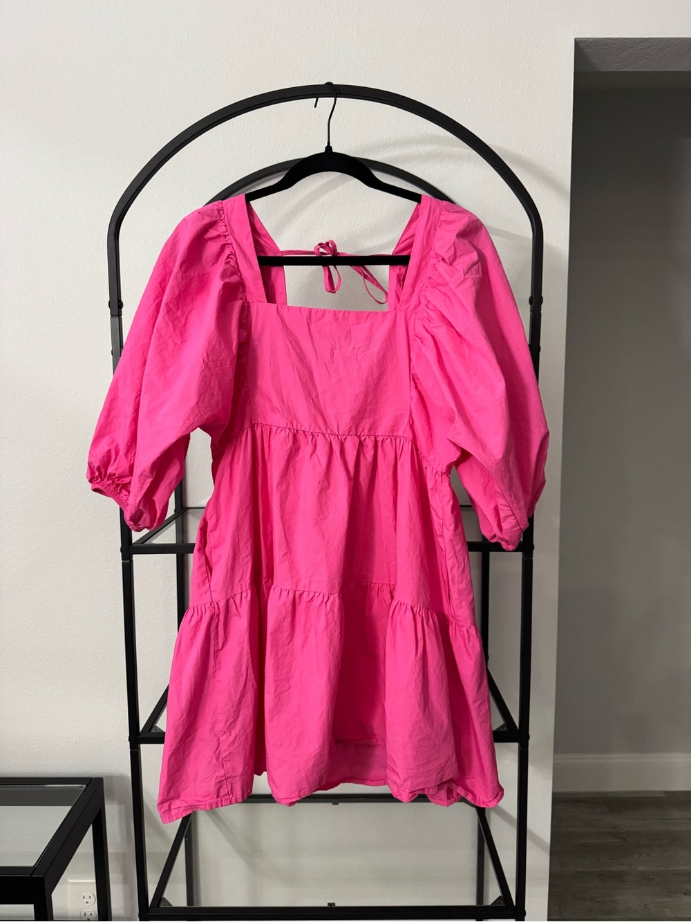 Pink Puff-Sleeve Tiered Dress